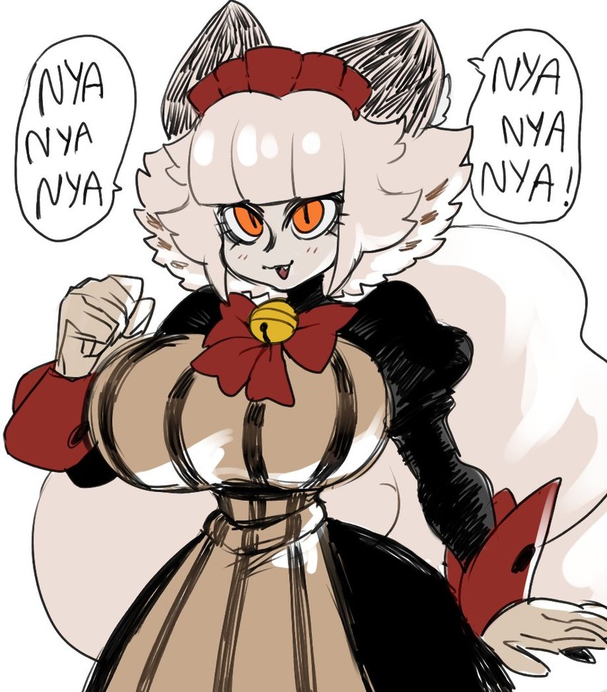 anthro big_breasts big_tail breasts clothing dialogue dress fangs female fur hair huge_breasts huge_tail maid_headdress maid_uniform open_mouth orange_eyes simple_background small_waist smile solo speech_bubble standing tail teeth text uniform white_body white_fur white_hair cibastion catmaid_(cibastion) domestic_cat felid feline felis mammal