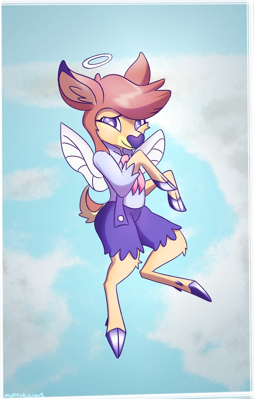 anthro cloud female flying hooves looking_at_viewer purple_eyes semi-anthro smile solo wings muffinlicious helluva_boss deerie_(helluva_boss) angel deer mammal absurd_res hi_res