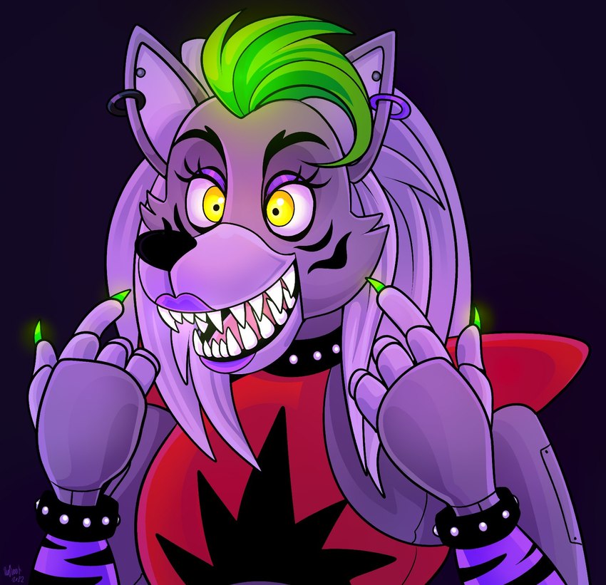 4_fingers anthro armband black_background black_bracelet black_collar black_eyebrows black_markings black_nose bracelet cheek_tuft claws clothed clothed_anthro clothed_female clothing collar crop_top ear_piercing ear_ring eyebrows eyelashes facial_markings facial_tuft fangs female female_anthro finger_claws fingers fur green_claws green_hair grey_body grey_fur hair hair_on_shoulders head_markings jewelry light lips long_hair machine markings multicolored_body multicolored_fur multicolored_hair open_mouth open_smile piercing pink_tongue pointing_at_face purple_armband purple_ear_ring purple_eyelids purple_lips red_clothing red_crop_top red_shirt red_topwear ring_piercing shirt shoulder_pads simple_background smile solo striped_armband studded_bracelet studded_collar studded_jewelry studs teeth tongue topwear tuft two_tone_hair white_body white_fur white_hair white_inner_ear yellow_eyes beastofeuthanasia five_nights_at_freddy's five_nights_at_freddy's:_security_breach scottgames steel_wool_studios roxanne_wolf animatronic canid canine canis mammal robot wolf 2022 bust_portrait colored digital_drawing_(artwork) digital_media_(artwork) hi_res lighting portrait shaded