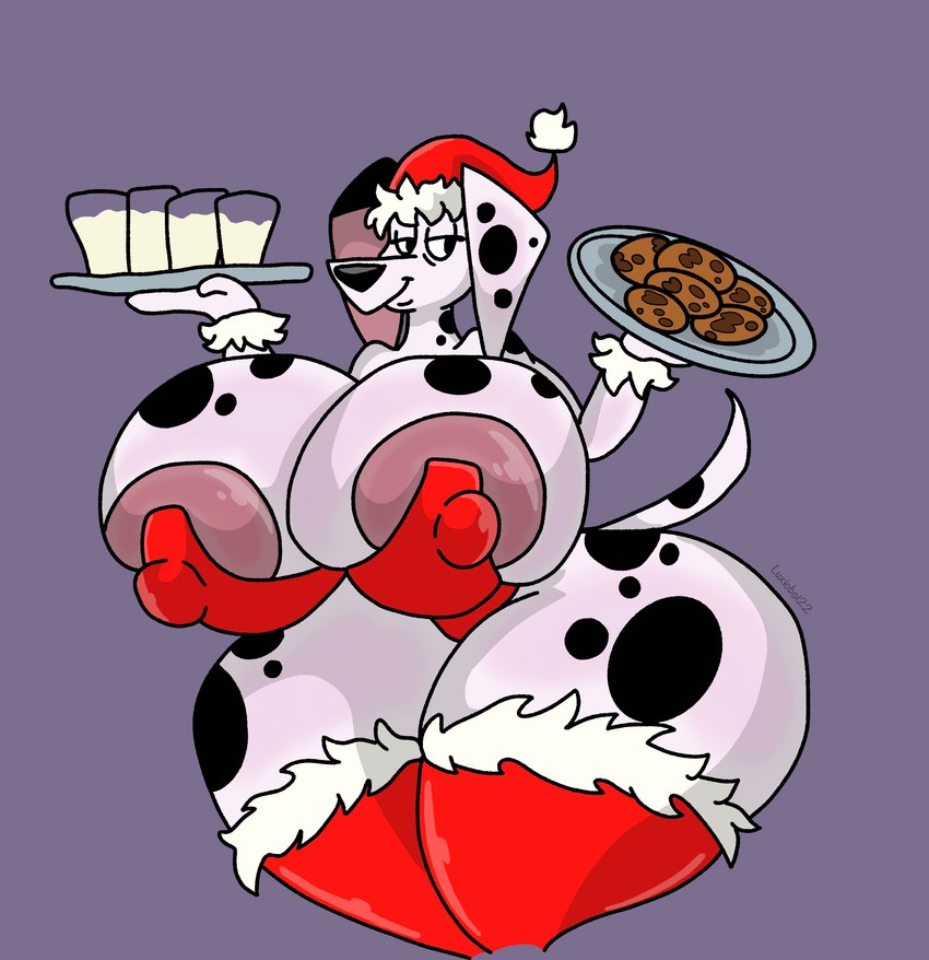 anthro areola areola_slip beverage big_breasts breasts christmas_clothing christmas_headwear clothing cookie costume female food hat headgear headwear holidays huge_breasts huge_hips hyper hyper_hips milk nipple_outline santa_costume santa_dress santa_hat solo thick_thighs wide_hips luxioboi22 101_dalmatian_street 101_dalmatians christmas disney delilah_(101_dalmatians) canid canine canis dalmatian domestic_dog mammal absurd_res hi_res mother_(lore) parent_(lore)