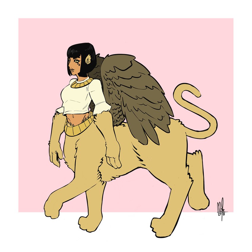 black_hair border clothing egyptian egyptian_clothing eye_markings feathered_wings feathers female fur hair markings pink_background shirt simple_background solo topwear usekh walking white_border wings yellow_eyes yellow_sclera bigmsaxon mythology felid humanoid_taur mammal mythological_creature mythological_sphinx taur 1:1 2018 full-length_portrait hi_res portrait