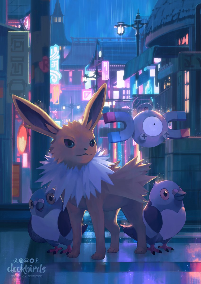 ambiguous_gender detailed_background feral fur group night outside raining smile standing clockbirds nintendo pokemon avian bird eeveelution generation_1_pokemon generation_5_pokemon jolteon magnemite pidove pokemon_(species) 2022 digital_media_(artwork) hi_res