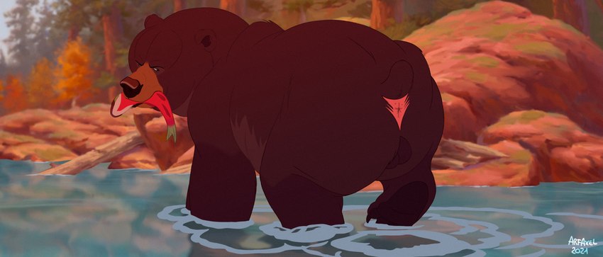 anus balls big_butt brown_body brown_fur butt feeding feral fur genitals looking_back male nature plant river rock short_tail solo tail tail_anus tree water arf-fra brother_bear disney tug_(brother_bear) bear brown_bear fish grizzly_bear mammal marine salmon salmonid_(fish) ursine