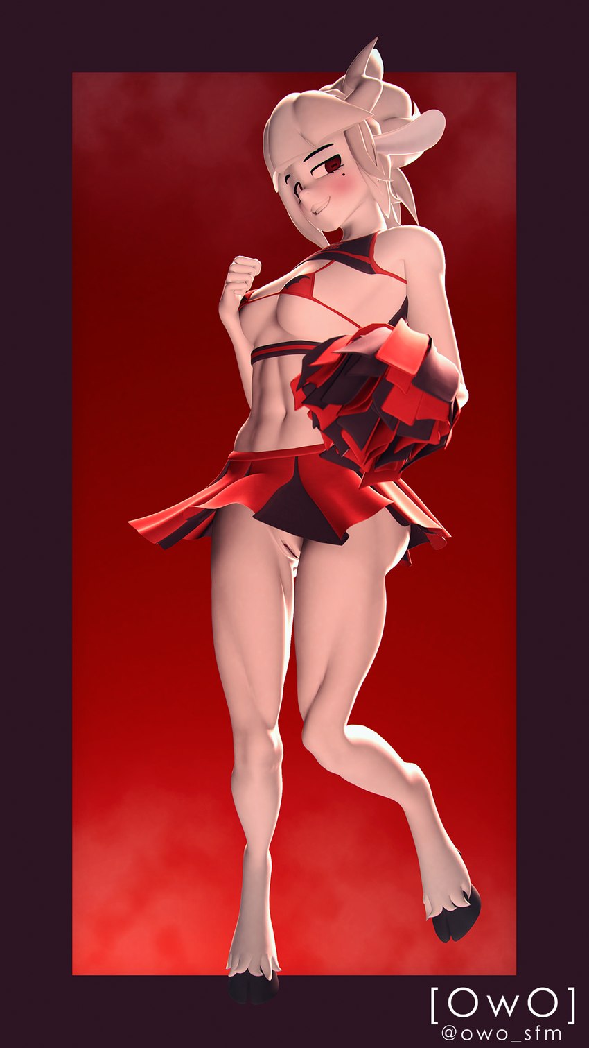 abs anthro bottomwear bra cheerleader cheerleader_outfit clothed clothing female genitals hair hooves markings mole_(marking) pom_poms pupils pussy raised_bottomwear raised_clothing raised_hoof raised_skirt red_background red_eyes simple_background skirt slit_pupils solo underwear white_body white_hair white_skin owo_sfm helltaker moeflavor_cheerleader_uniform goat_lucifer_(helltaker) bovid caprine goat mammal 3d_(artwork) 9:16 digital_media_(artwork) hi_res source_filmmaker_(artwork)