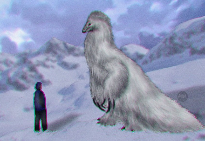 alternate_species ambiguous_gender claws duo feathers feral finger_claws fluffy looking_at_another mountain outside size_difference sky skyscape standing white_body white_feathers ezihkhel dinosaur erosion_bird feathered_dinosaur feathered_scalie human mammal prehistoric_species reptile scalie therizinosaurid therizinosaurus theropod