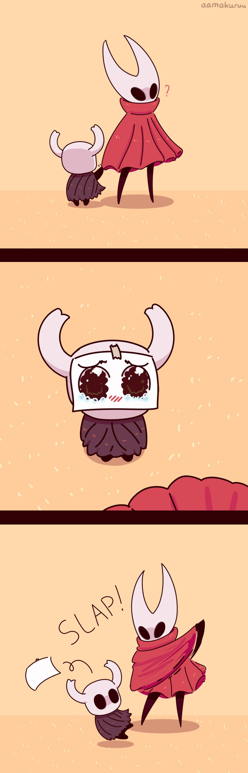 2_horns 3_panel_comic ambiguous_gender biped black_eyes black_legs black_text cloak clothing duo exclamation_point face_slap horn looking_at_another question_mark red_cloak red_clothing slap slap_(sound_effect) sound_effects standing text white_head aamakuruu hollow_knight team_cherry hornet_(hollow_knight) the_knight_(hollow_knight) arthropod vessel_(species) 2020 absurd_res artist_name comic english_text hi_res female_(lore) sibling_(lore) sister_(lore)