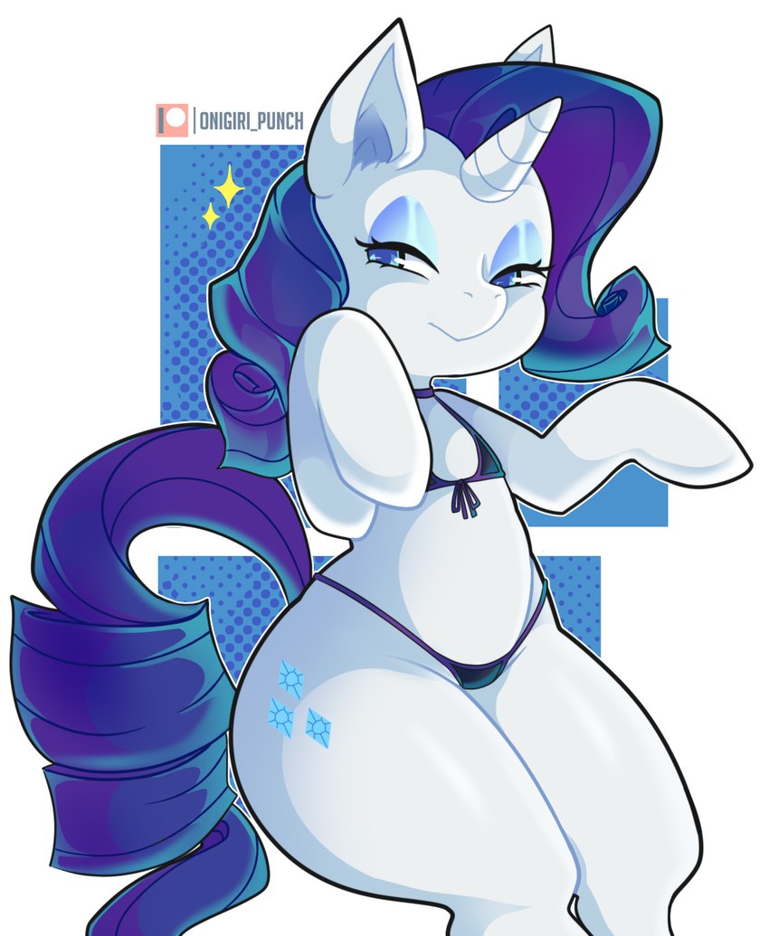 bikini clothing eyelashes female horn looking_at_viewer semi-anthro solo swimwear thick_thighs two-piece_swimsuit onigiri_punch friendship_is_magic hasbro my_little_pony mythology rarity_(mlp) equid equine mammal mythological_creature mythological_equine unicorn hi_res