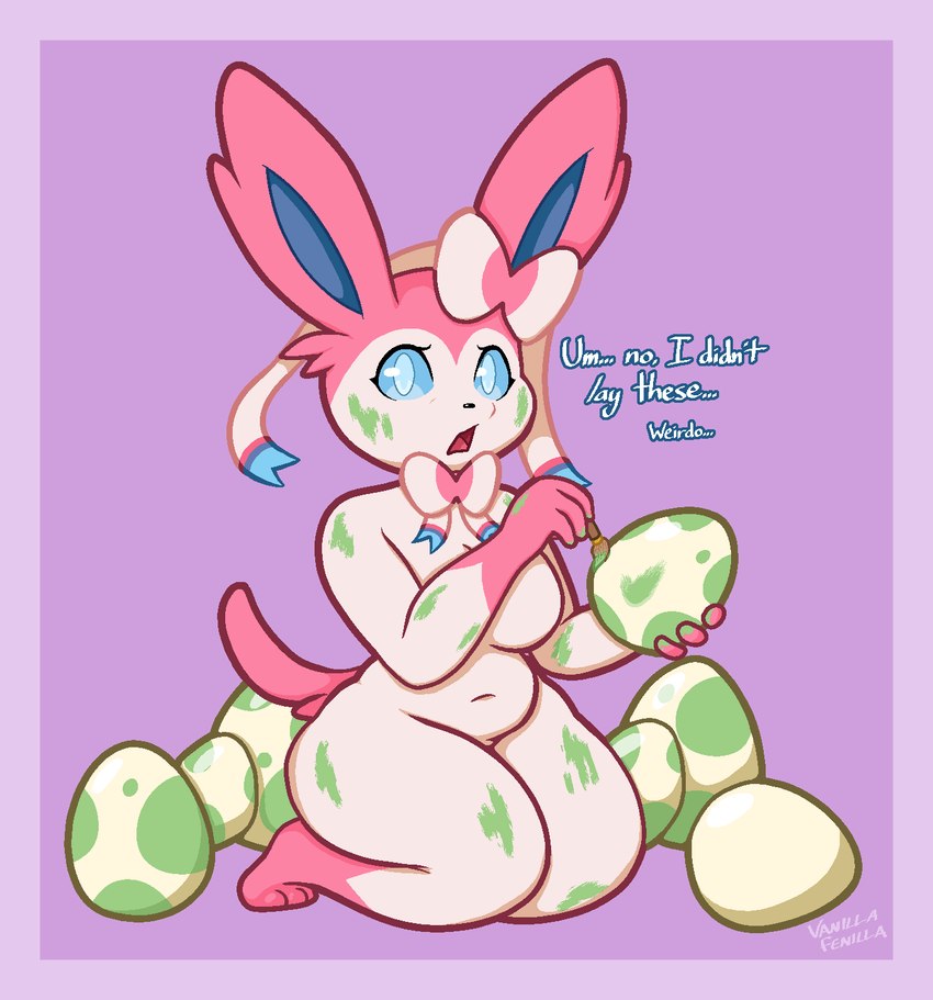 annoyed anthro blue_eyes blue_sclera bow_accessory breasts brush countershading easter_egg egg egg_painting featureless_breasts female fur gloves_(marking) holidays kneeling leg_markings long_ears markings multicolored_body multicolored_fur nude open_mouth paintbrush painting pink_body pink_countershading pokemon_egg pokemorph ribbons simple_background slightly_chubby socks_(marking) solo tail text thick_thighs two_tone_body two_tone_fur white_body white_fur wide_hips fenillavee easter nintendo pokemon eeveelution generation_6_pokemon humanoid pokemon_(species) sylveon 2025 english_text hi_res signature
