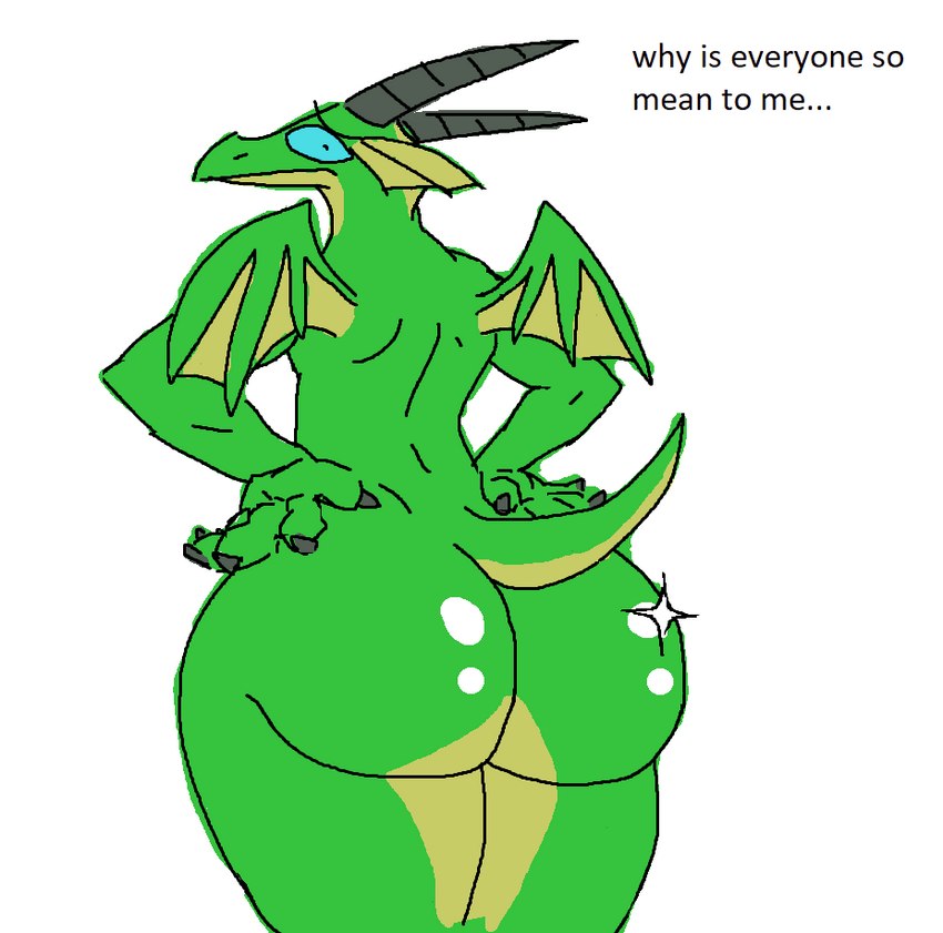 anthro big_butt black_horn blue_eyes butt green_body horn huge_butt male sad solo tail text siegerabbit blizzard_entertainment european_mythology everyone_is_so_mean_to_me mythology warcraft dracthyr dragon mythological_creature mythological_scalie scalie western_dragon english_text meme