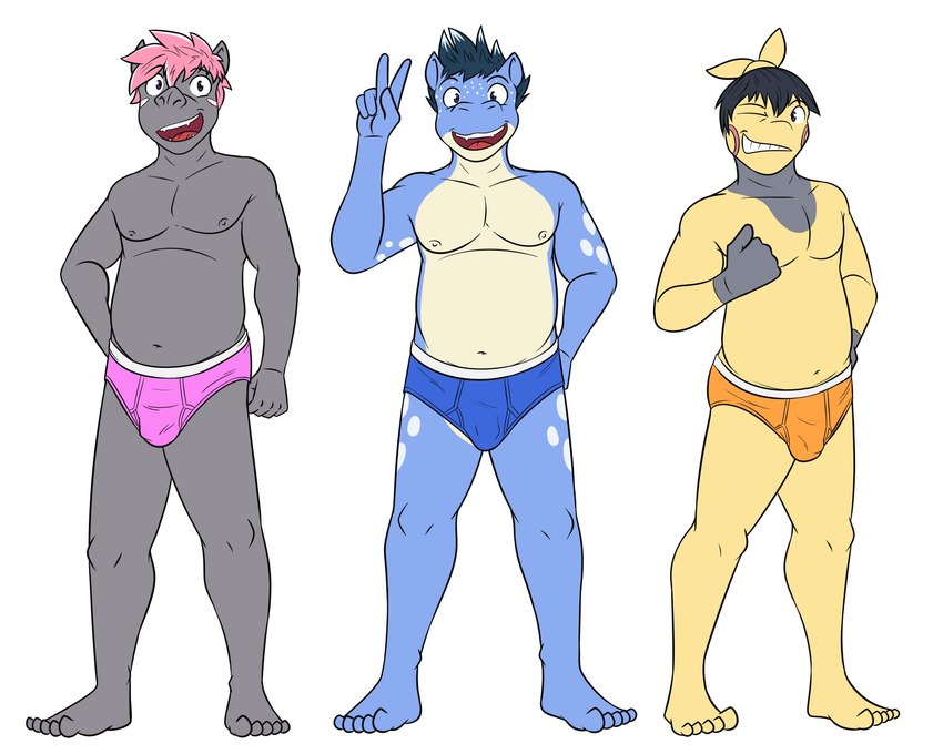 anthro anthrofied black_hair blue_briefs blue_clothing blue_eyes blue_hair blue_underwear briefs briefs_only bulge clothed clothing gesture grey_eyes group hair hand_gesture male navel nipples one_eye_closed open_mouth orange_briefs orange_clothing orange_underwear pink_briefs pink_clothing pink_hair pink_underwear pokemorph simple_background slightly_chubby smile teeth_showing tongue_showing topless trio underwear underwear_only v_sign white_background wink fuze nintendo pokemon generation_3_pokemon makuhita pokemon_(species) spheal spoink 5:4 full-length_portrait hi_res portrait