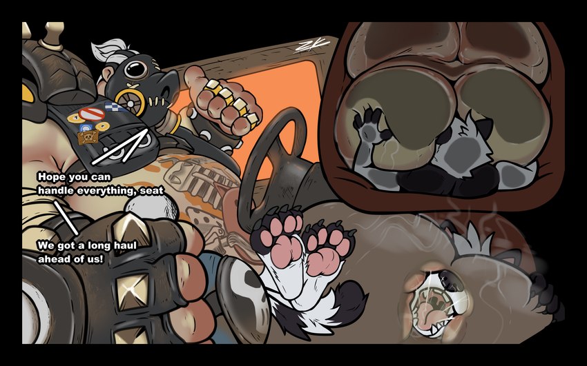 anthro belly big_butt bodily_fluids butt butt_sniffing car duo facesitting feet gesture hand_gesture inside_car inside_vehicle internal male male/male open_mouth sitting sitting_on_another slightly_chubby sniffing sweat text thumbs_up tongue vehicle ziuki blizzard_entertainment overwatch roadhog_(overwatch) domestic_cat felid feline felis human hybrid mammal procyonid raccoon 16:10 english_text hi_res widescreen