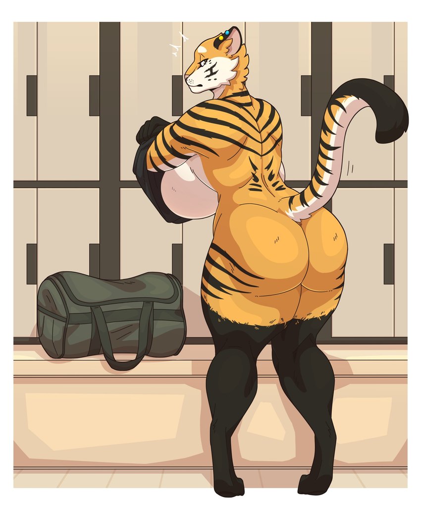 anthro back_boob big_breasts big_butt breasts butt clothing ear_piercing female inside leg_markings locker locker_room looking_at_viewer looking_back looking_back_at_viewer markings nude piercing rear_view socks_(marking) solo stripes undressing slightlysimian jeannine_(securipun) felid mammal pantherine tiger hi_res