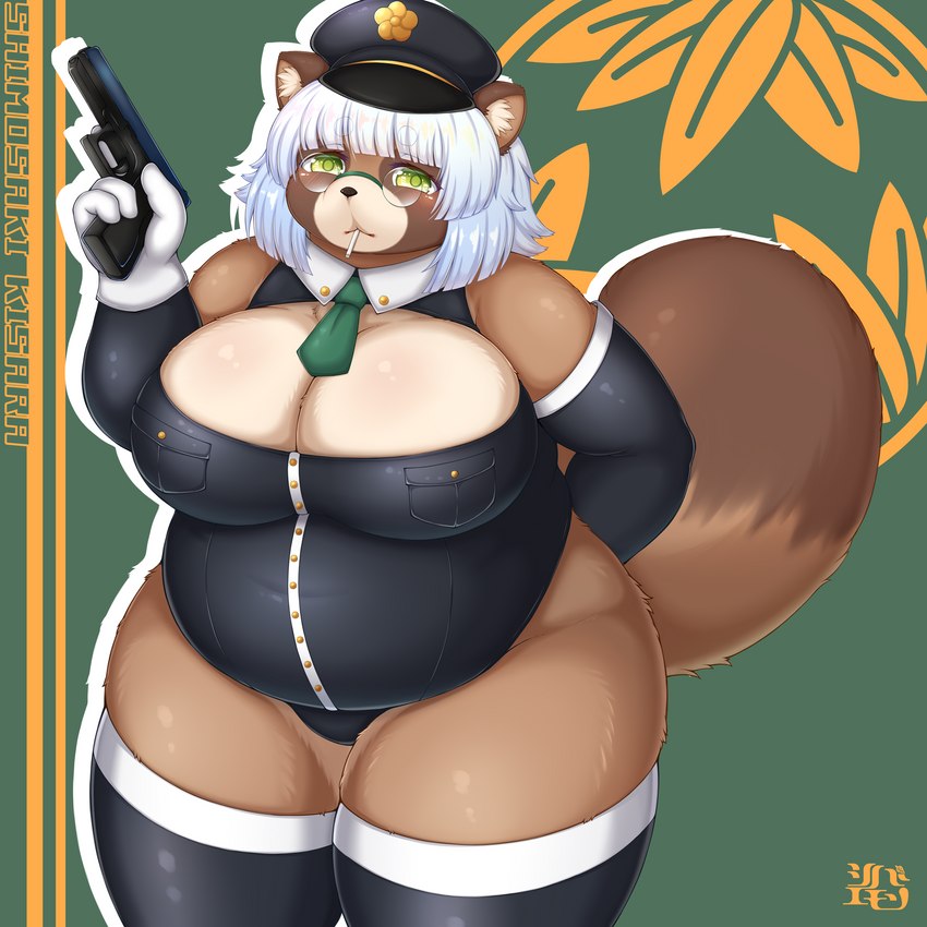 :< abstract_background anthro armwear belly big_breasts biped black_armwear black_clothing black_legwear black_nose black_shirt black_topwear blush breasts brown_body brown_ears brown_fur brown_inner_ear candy cleavage clothed clothing countershade_fur countershade_legs countershade_torso countershading dessert dipstick_tail elbow_gloves eyewear facial_markings female female_anthro fingers fluffy fluffy_tail food front_view fully_clothed fur glasses glistening glistening_body glistening_breasts glistening_fur gloves green_eyes gun hair hand_behind_back handgun handwear hat head_markings headgear headwear holding_gun holding_handgun holding_object holding_pistol holding_ranged_weapon holding_weapon huge_breasts humanoid_hands inner_ear_fluff kemono legwear lollipop looking_at_viewer markings monotone_hair multicolored_body multicolored_fur multicolored_tail muzzle_(marking) necktie object_in_mouth overweight overweight_anthro overweight_female pince-nez pistol police police_hat police_officer police_uniform ranged_weapon shirt short_hair snout snout_markings solo standing tail tail_markings tan_body tan_countershading tan_fur tan_inner_ear_fluff thick_thighs thigh_highs tight_clothing topwear trigger_discipline tuft two_tone_tail uniform weapon white_clothing white_gloves white_handwear wide_hips shibaemonxsk canid canine mammal raccoon_dog tanuki 1:1 colored digital_media_(artwork) hi_res portrait shaded three-quarter_portrait