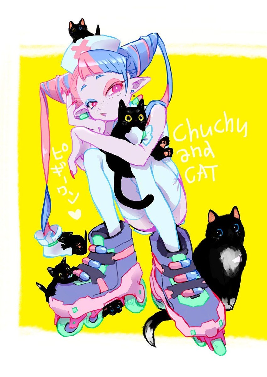 big_shoes clothing colored_nails female footwear hair hat headgear headwear holding_animal holding_cat humanoid_pointy_ears legwear multicolored_hair nails pink_eyes pointy_ears shoes socks text thigh_highs two_tone_hair white_clothing white_footwear white_hat white_headwear white_socks unknown_artist kung-fu_piggy_one domestic_cat felid feline felis humanoid mammal english_text hi_res source_request