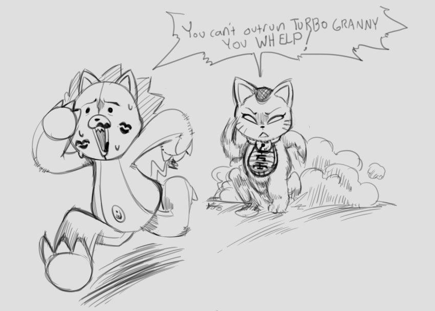 anthro dialogue duo female humor kiss_mark male plushie running scared text yotomoe bleach_(series) dandadan maneki-neko kon turbo_granny_(dandadan) animate_inanimate domestic_cat felid feline felis lion living_plushie mammal pantherine 2024 crossover english_text monochrome