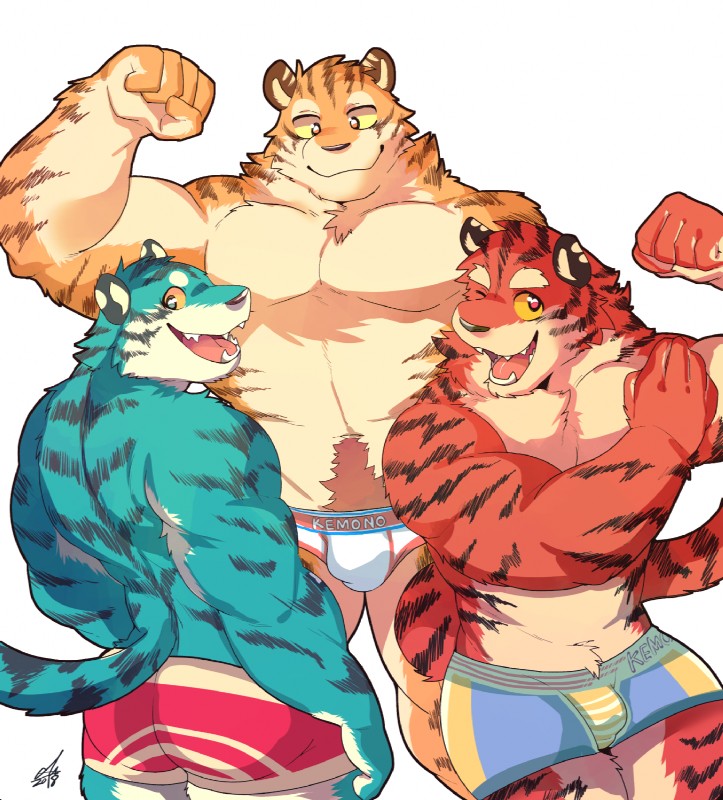 anthro biceps bulge clothing fur group kemono male muscular one_eye_closed pecs simple_background underwear wink ginnosuke felid mammal pantherine tiger 2018 hi_res