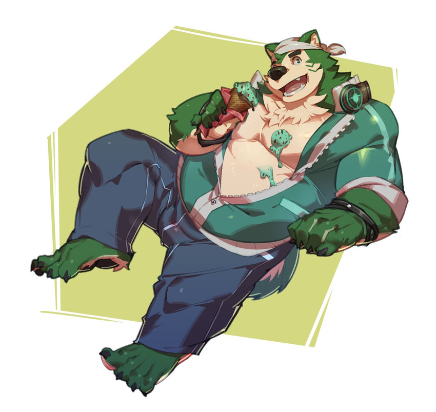 anthro belly clothing dessert food fur green_body green_fur ice_cream jacket kerchief male mint_chocolate_chip musclegut muscular slightly_chubby solo topwear kourney lifewonders live_a_hero mokdai canid canine canis domestic_dog mammal hi_res