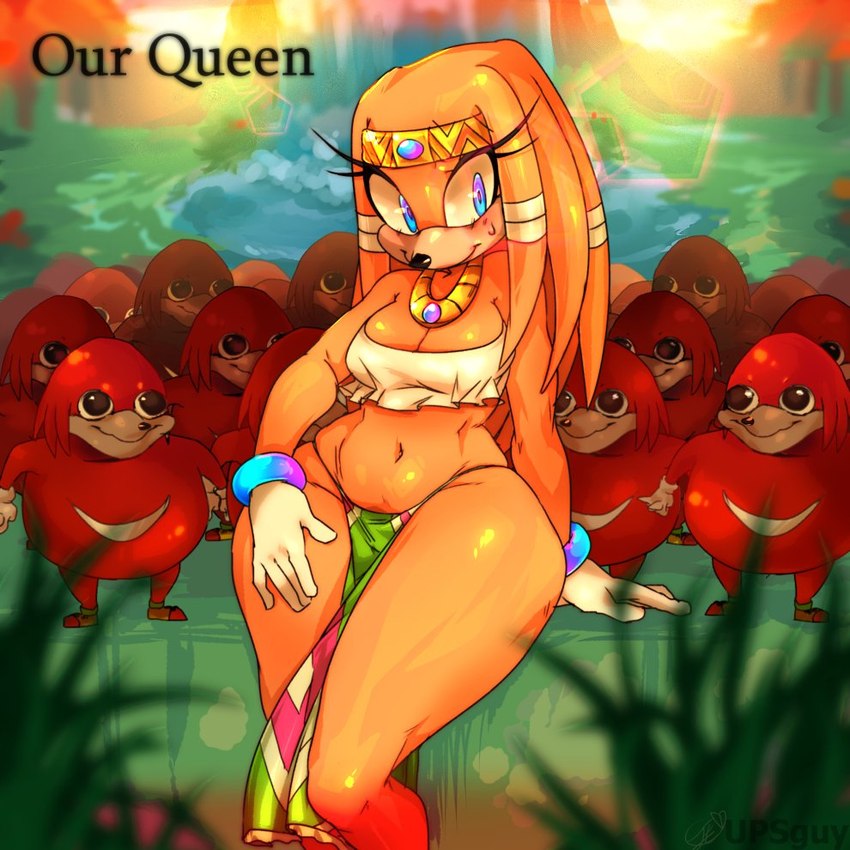 anthro blue_eyes blush bottomwear bracelet breasts cleavage clothed clothing crop_top crown eyelashes female fur gloves grass group handwear headgear jewelry loincloth male necklace nervous_smile orange_body orange_fur plant red_body red_fur shirt smile sunset text thick_thighs tiara topwear waterfall wide_hips n0idmagemog sega sonic_adventure sonic_the_hedgehog_(series) ugandan_knuckles knuckles_the_echidna tikal_the_echidna echidna mammal monotreme 1:1 2018 english_text meme