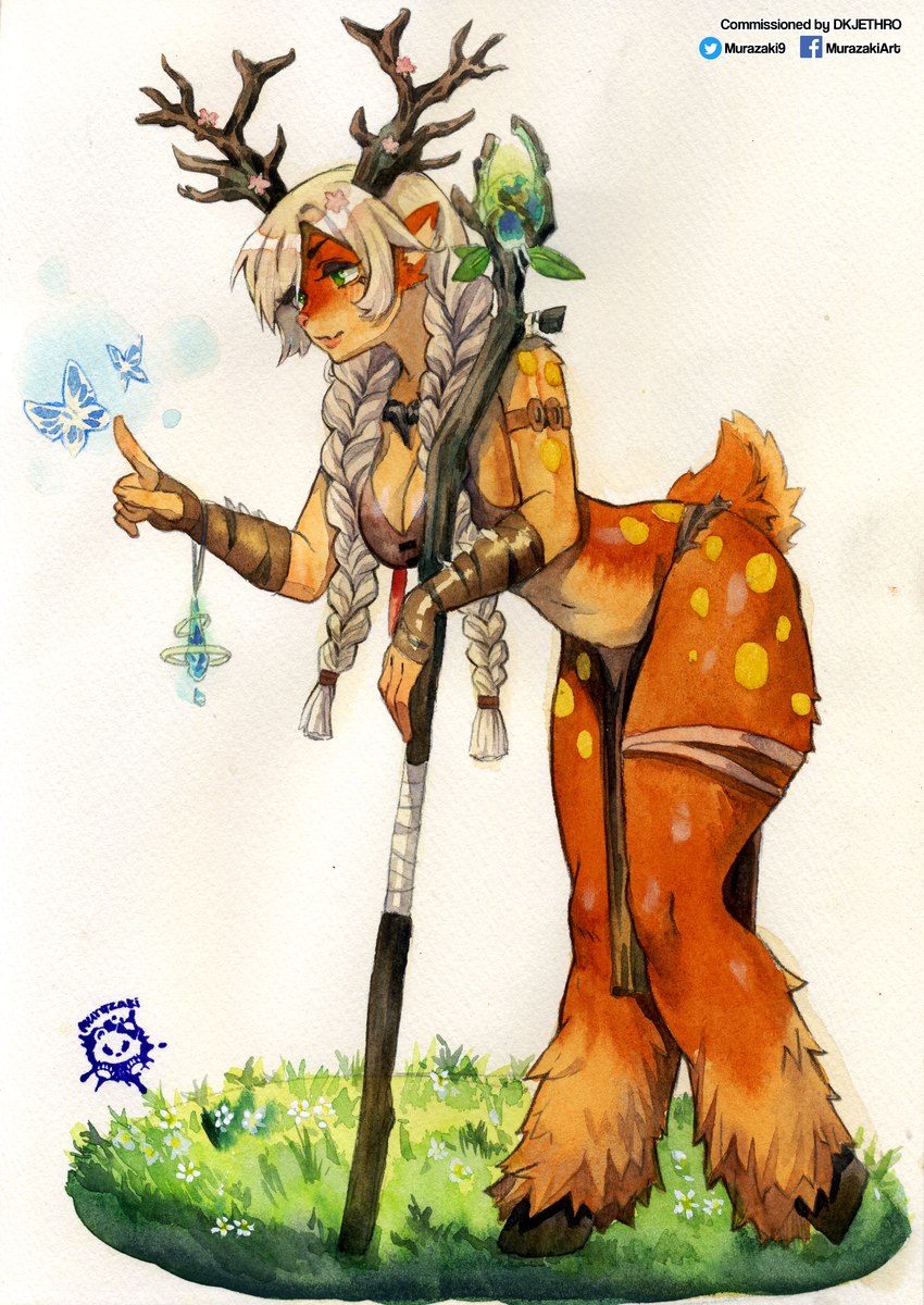 antlers armband blonde_hair blue_eyes bottomwear bra braided_hair braided_pigtails breasts brown_body brown_fur butt cleavage clothed clothing female flower flower_on_head fur gesture grass hair hand_gesture hooves horn inner_ear_fluff jewelry leaning leaning_forward leather leather_clothing leg_fluff leg_tuft loincloth long_hair markings multicolored_body multicolored_fur pendant plant pointing simple_background skimpy solo spots spotted_body spotted_butt spotted_fur tuft two_tone_body two_tone_fur underwear wand white_background yellow_body yellow_fur murazaki blossom_(battlerite) animal_humanoid deer deer_humanoid humanoid mammal mammal_humanoid absurd_res hi_res traditional_media_(artwork) watercolor_(artwork)