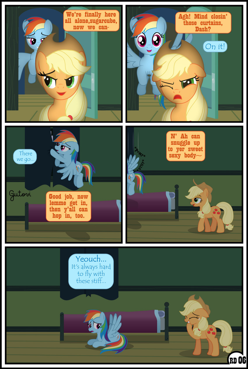 base_three_layout blockage_(layout) blonde_hair clothing dialogue duo female feral five_frame_image four_frame_grid hair hat headgear headwear horizontal_blockage orange_body text three_row_layout gutovi-kun friendship_is_magic hasbro my_little_pony applejack_(mlp) rainbow_dash_(mlp) equid mammal absurd_res comic english_text hi_res