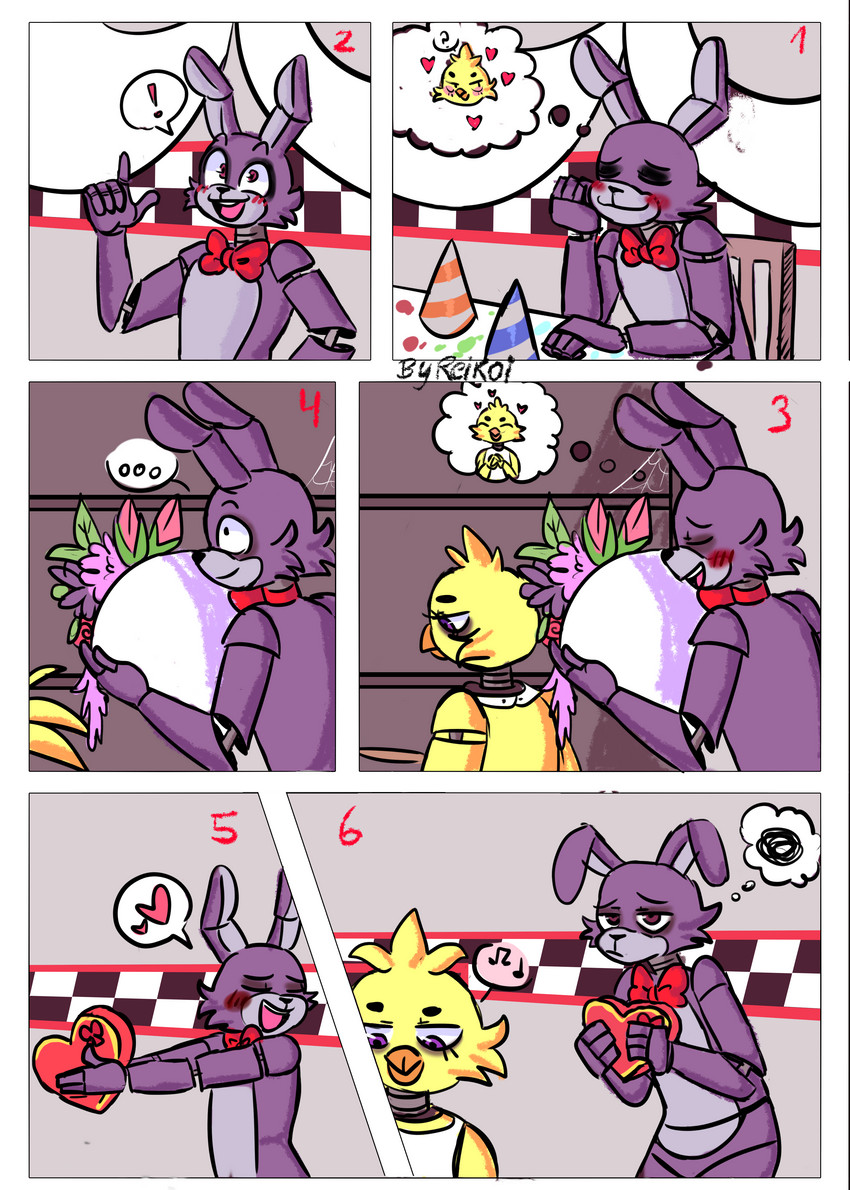 blush bow_tie confession duo flower love machine plant romantic romantic_confession romantic_couple singing thinking thoughtful_expression reikoi02 five_nights_at_freddy's scottgames bonnie_(fnaf) chica_(fnaf) animatronic avian bird chicken galliform gallus_(genus) lagomorph leporid mammal phasianid rabbit robot absurd_res comic hi_res