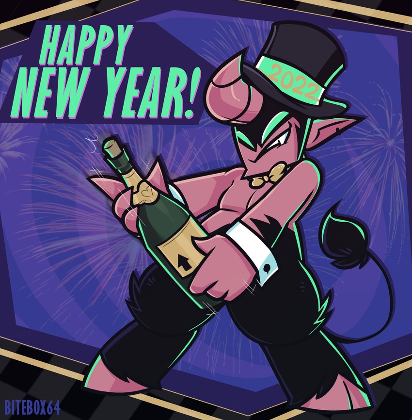 alcohol beverage bow_tie champagne clothing fireworks green_eyes hat headgear headwear holidays horn male solo bitebox64 european_mythology greek_mythology mythology new_year new_year_2022 bito_(bitebox64) bovid bovine boximp_(species) mammal minotaur 2022 hi_res