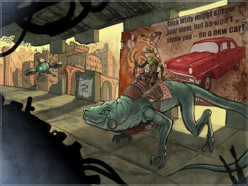 anthro city cityscape eyewear feral goggles group larger_male male post-apocalyptic riding size_difference straddling tail unmanned_aerial_vehicle ashpond lizard reptile scalie 4:3