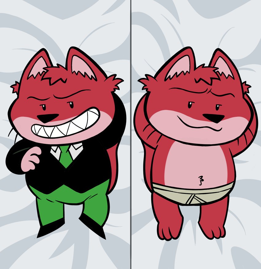 anthro black_nose bottomwear clothing dakimakura fangs feet footwear fur grinning_at_viewer hand_behind_head hand_on_chest head_tuft male necktie overweight pants red_body red_fur shoes smile smiling_at_viewer solo suit teeth tuft underwear anonymous_artist mappy shiftylook goro_(mappy) domestic_cat felid feline felis mammal hi_res