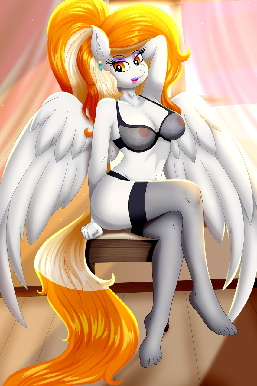 anthro areola big_breasts bra breasts cleavage clothed clothing crossed_legs female hair legwear orange_hair panties pose sitting solo thigh_highs translucent translucent_clothing underwear white_body wings rainbownspeedash hasbro my_little_pony mythology rita_cloudy equid equine horse mammal mythological_creature mythological_equine pegasus pony absurd_res hi_res