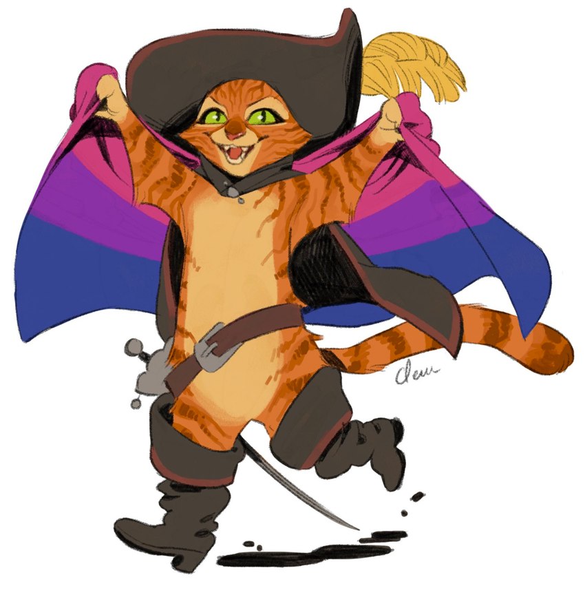 anthro belt bisexual_pride_colors boots cape clothing flag flag_(object) footwear fur green_eyes hat headgear headwear holding_flag holding_object lgbt_pride looking_at_viewer male markings melee_weapon open_mouth orange_body orange_fur pride_color_flag pride_colors rapier shoes simple_background smile solo striped_body striped_markings stripes sword tail weapon white_background fruitofwinter dreamworks puss_in_boots_(dreamworks) puss_in_boots_(character) domestic_cat felid feline felis mammal tabby_cat hi_res