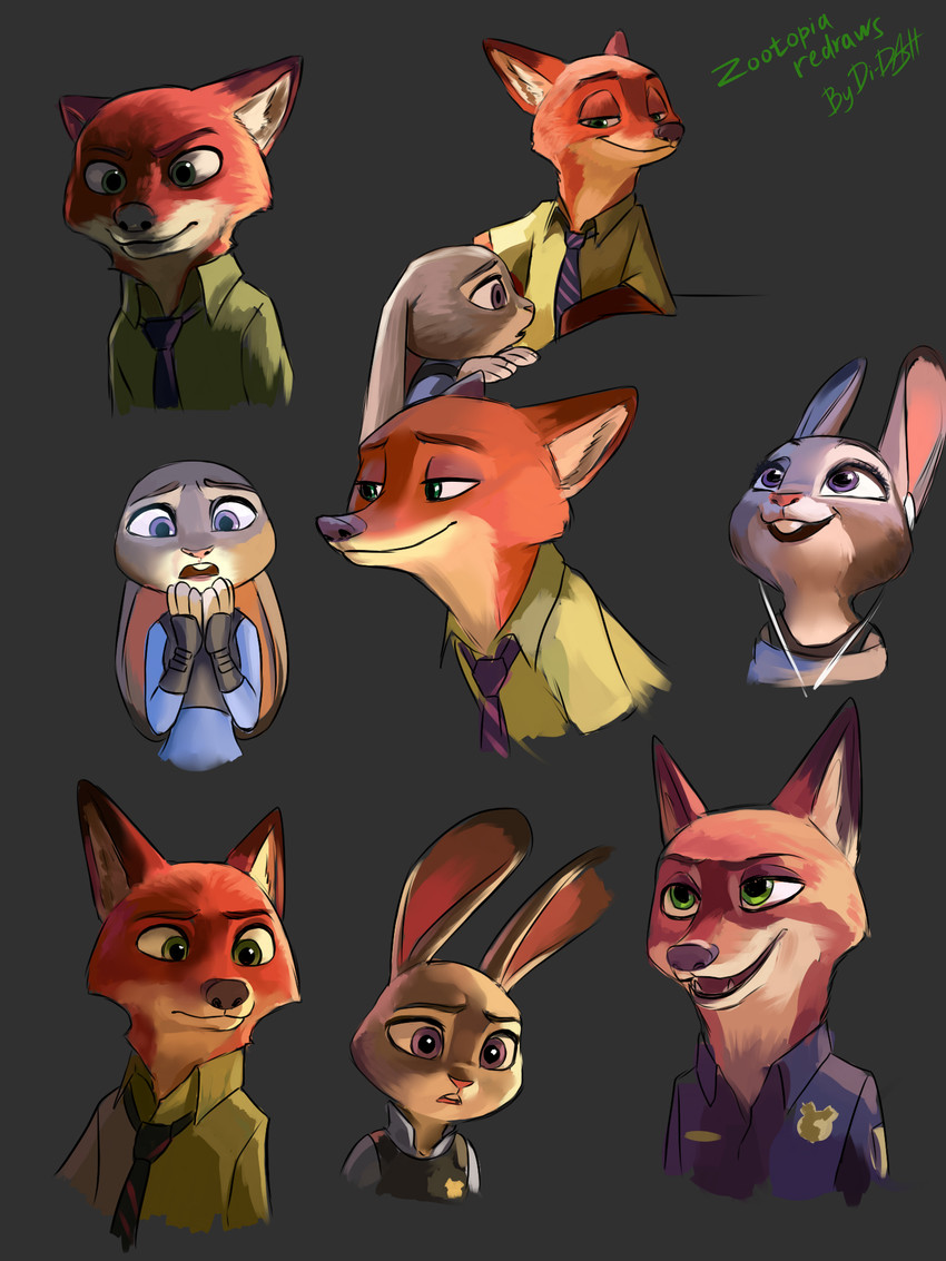 anthro buckteeth clothed clothing duo earbuds ears_down electronics fur green_eyes grey_body grey_fur headphones light necktie open_mouth open_smile orange_body orange_fur pivoted_ears police police_uniform purple_eyes shirt simple_background smile teeth topwear uniform di-dash disney zootopia judy_hopps nick_wilde canid canine fox lagomorph leporid mammal rabbit red_fox true_fox 2020 3:4 hi_res lighting