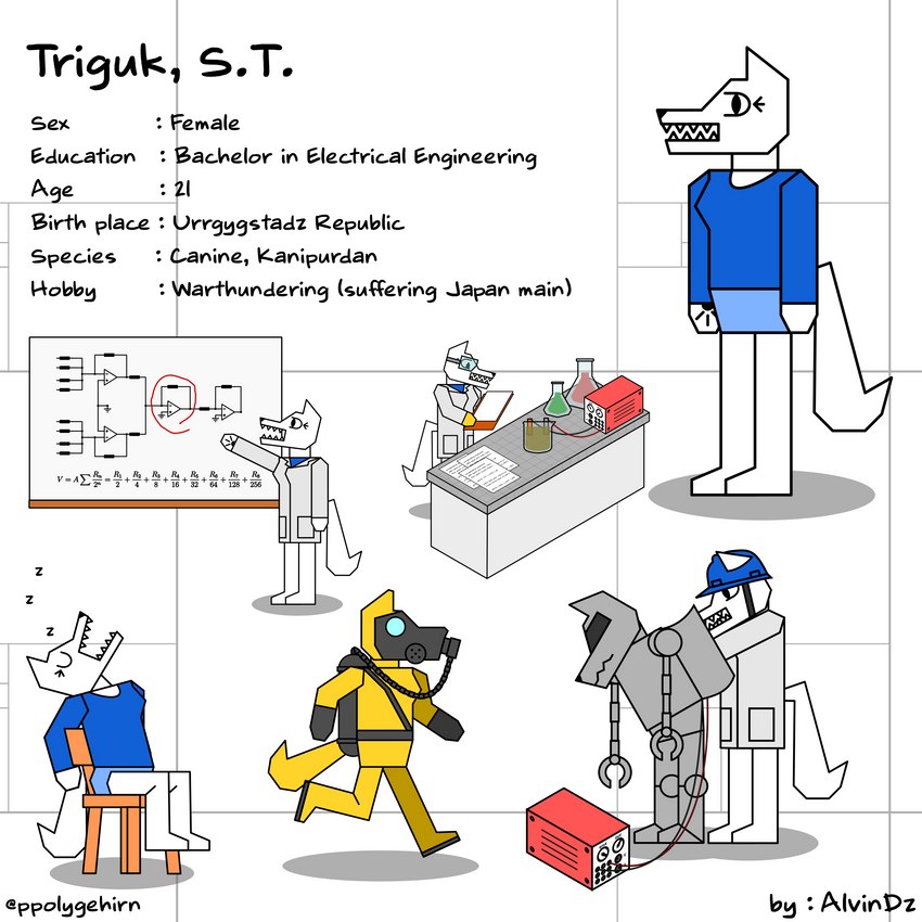 anthro armor bottomwear chair chemicals clothing coat diagram female fur furniture gas_mask hazmat_suit headgear helmet lab_coat machine mask math shirt skirt sleeping solo table text topwear white_body white_fur alvidz triguk canid canine mammal robot 1:1 absurd_res english_text hi_res