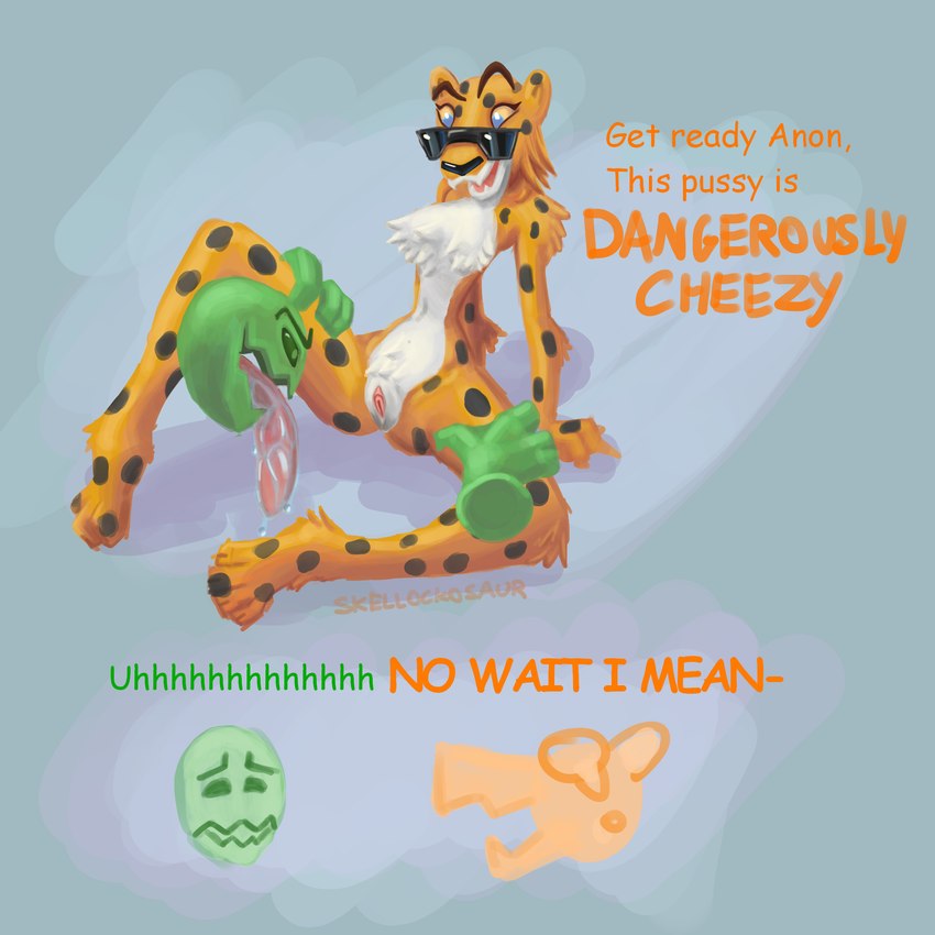 anthro bodily_fluids crossgender cunnilingus disembodied_hand disembodied_head duo eyewear female humor male male/female mascot mtf_crossgender oral presenting saliva sex sunglasses text vaginal skellockosaur cheetos anon chester_cheetah cheetah felid feline mammal 1:1 english_text hi_res