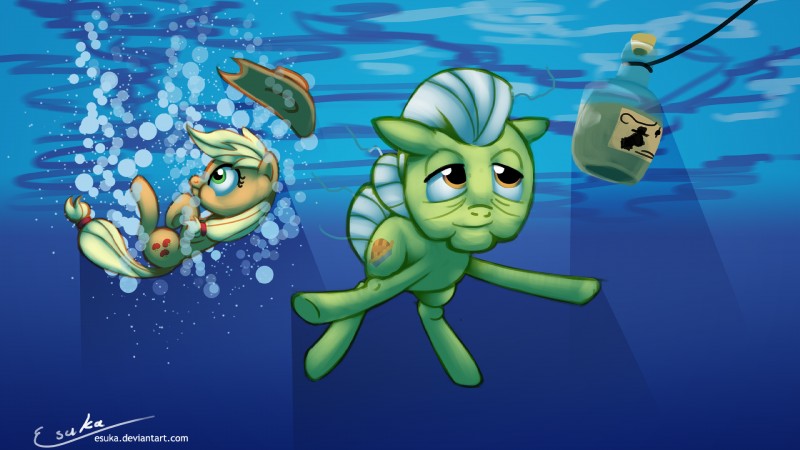 blonde_hair bottle clothing container duo female feral green_eyes hair half-closed_eyes hat headgear headwear narrowed_eyes smile underwater water wide_eyed esuka friendship_is_magic hasbro my_little_pony nevermind_(nirvana) nirvana applejack_(mlp) granny_smith_(mlp) earth_pony equid equine horse mammal pony 16:9 hi_res widescreen