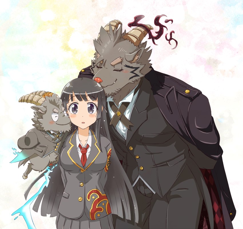 anthro blush butler clothed clothing coat female flying fully_clothed fur grey_body grey_eyes grey_fur group hands_behind_back horn horn_jewelry horn_ring jewelry leaning leaning_forward male necktie pink_nose ring_(jewelry) school_uniform shirt simple_background size_difference smile standing suit topwear uniform ren_izayoi lifewonders tokyo_afterschool_summoners female_protagonist_(tas) mephistopheles_(tas) protagonist_(tas) salomonkun bovid caprine demon goat human mammal 2021 digital_drawing_(artwork) digital_media_(artwork)