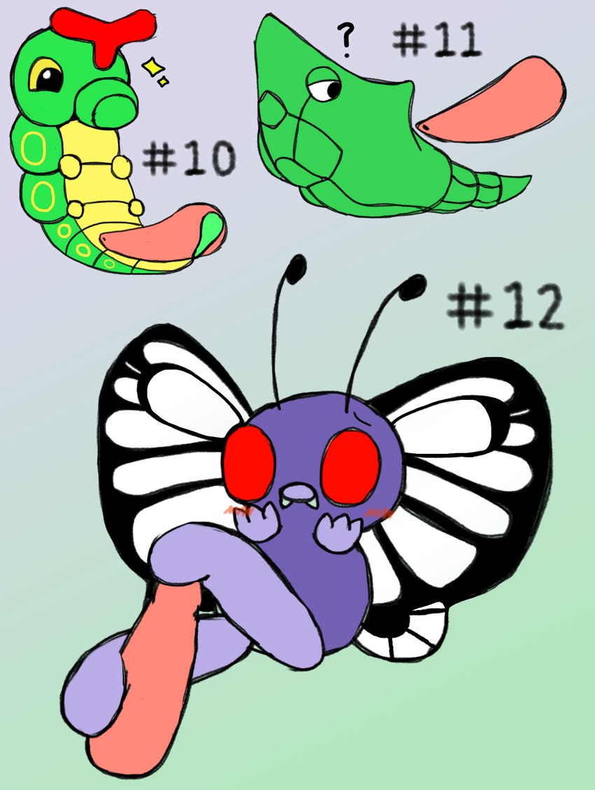 ambiguous_gender antennae_(anatomy) blush duo erection evolutionary_family feet feral foot_fetish foot_play footjob genitals hashtag id_number male number penile penis question_mark red_eyes sex simple_background solo_focus sparkles tail tail_around_penis tail_fetish tail_play tail_sex tailjob tapering_penis text two-footed_footjob wings secretsableye nintendo pokemon arthropod butterfree caterpie generation_1_pokemon metapod pokemon_(species) 2022 digital_media_(artwork) hi_res multiple_images