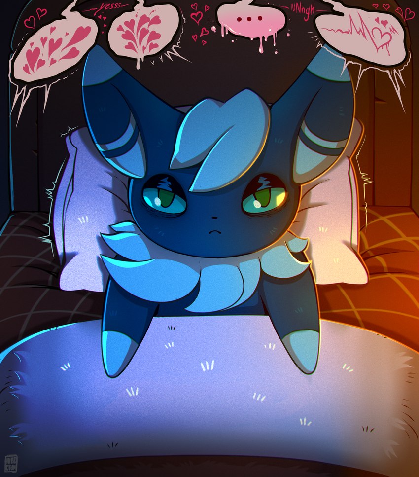 annoyed anthro bed bedding blanket furniture lying lying_on_bed male moan on_back on_bed pillow solo tired tired_eyes infectum nintendo pokemon generation_6_pokemon meowstic pokemon_(species) hi_res