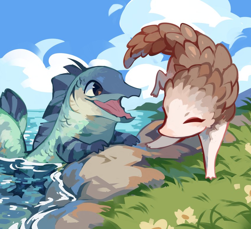 ambiguous_gender blue_body blue_scales blue_sky brown_body brown_scales cloud day duo eyes_closed feral flower glistening glistening_eyes grass open_mouth outside partially_submerged plant rock scales sky tan_body yellow_flower corzh77 marine species_request absurd_res hi_res