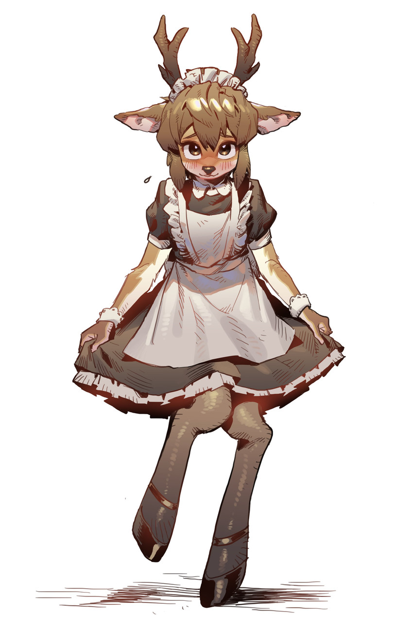 alternative_fashion anthro antlers apron blush brown_body brown_eyes brown_fur brown_hair clothed clothing crossdressing femboy footwear fur hair hooves horn j-fashion lolita_(fashion) maid_headdress maid_uniform male mary_janes multicolored_body multicolored_fur nervous shoes simple_background smile solo two_tone_body two_tone_fur uniform white_background white_body white_fur wristband goatdraw deer mammal absurd_res hi_res