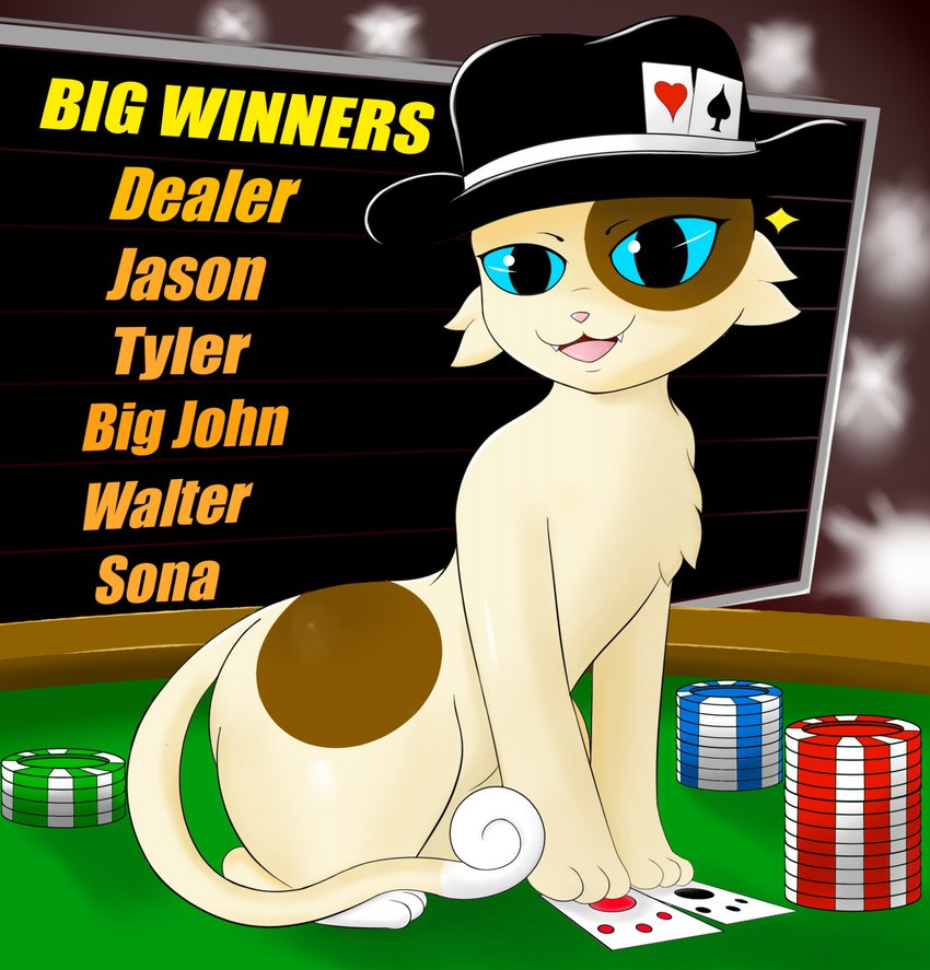 blue_eyes card card_game clothing female gambling gaming hat headgear headwear playing_card poker poker_chip solo prismosis dealer_(prismosis) domestic_cat felid feline felis mammal hi_res