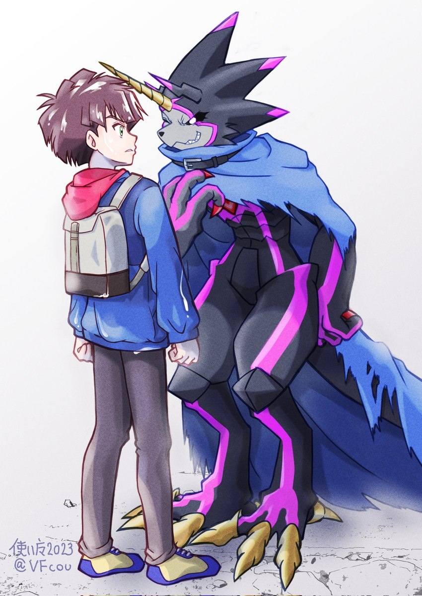 anthro belt black_body black_sclera brown_hair cape clothing duo glowing glowing_eyes hair horn male one_eye_closed sharp_teeth teeth wink vfcou bandai_namco digimon digimon_ghost_game hiro_amanokawa digimon_(species) gulusgammamon human mammal hi_res