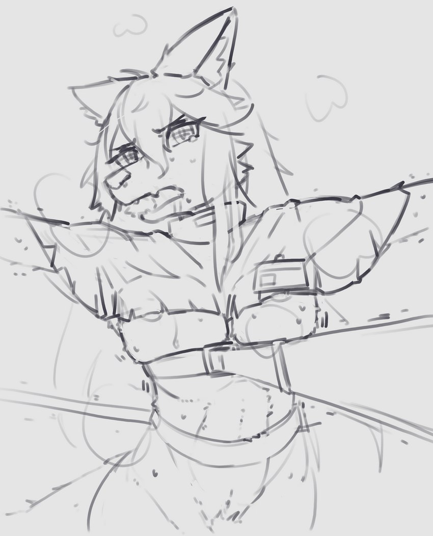 anthro belt bodily_fluids breasts breath female fur panting sweat frychym arknights hypergryph studio_montagne texas_(arknights) canid canine canis mammal wolf absurd_res hi_res sketch