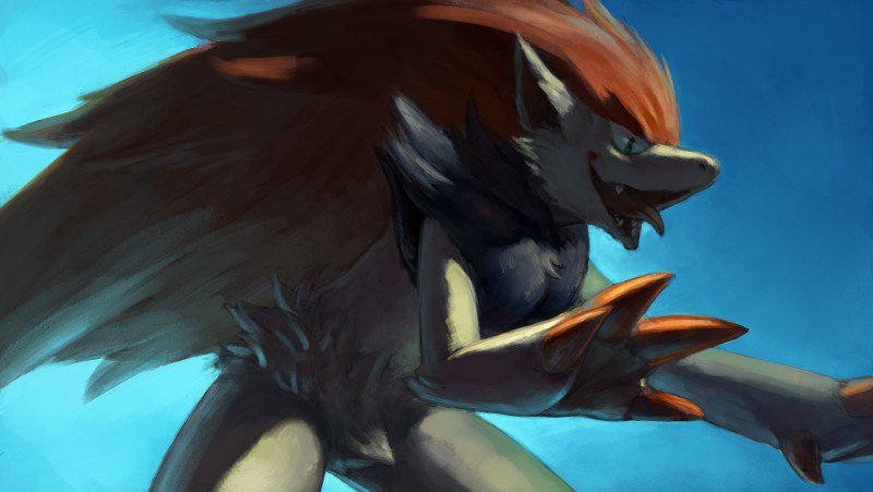 ambiguous_gender anthro blue_background claws cyan_background fangs gradient_background open_mouth simple_background solo standing teeth tongue tongue_out luoluokun517 toothlessfan nintendo pokemon generation_5_pokemon pokemon_(species) zoroark 2015 absurd_res hi_res