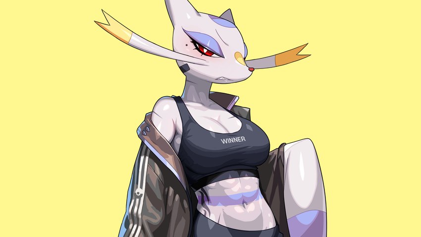 abs anthro breasts cleavage clothed clothing collarbone female medium_breasts midriff multicolored_body navel pupils purple_body red_eyes simple_background solo teeth white_pupils yellow_background drunk_oak nintendo pokemon generation_5_pokemon mienshao pokemon_(species) 16:9 2023 hi_res widescreen