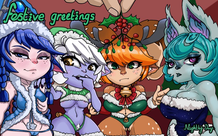 animal_ears animal_nose anthro antlers bell bell_collar big_breasts blue_body blue_clothing blue_eyes blue_fur blue_hair blue_hat blue_headwear blue_leotard blue_panties blue_topwear blue_underwear blush braided_pigtails breasts brown_body brown_fur butt butt_from_the_front camel_toe cleavage clothed clothing collar disembodied_hand eyelashes female freckled_face freckled_legs freckled_shoulders freckled_thighs freckles fur green_body green_clothing green_eyes green_fur green_hair green_hat green_headwear green_panties green_thong green_topwear green_underwear grey_antlers grey_horn group hair hand_in_mouth hat headgear headwear holidays holly_(plant) horn huge_breasts humanoid_pointy_ears inner_ear_fluff leotard looking_at_viewer mistletoe navel open_mouth orange_hair panties pigtails plant pointy_ears pube_peek pubes purple_body purple_eyes purple_fur short_hair short_stack small_breasts smile tan_body tan_fur tan_skin text thick_thighs thong topwear tuft under_boob underwear white_hair white_pubes wide_hips yellow_eyes nightlydayart christmas league_of_legends riot_games tencent lulu_(lol) poppy_(lol) snow_fawn_poppy_(lol) tristana_(lol) vex_(lol) winter_wonder_lulu_(lol) deer humanoid hybrid mammal yordle 16:10 absurd_res hi_res widescreen