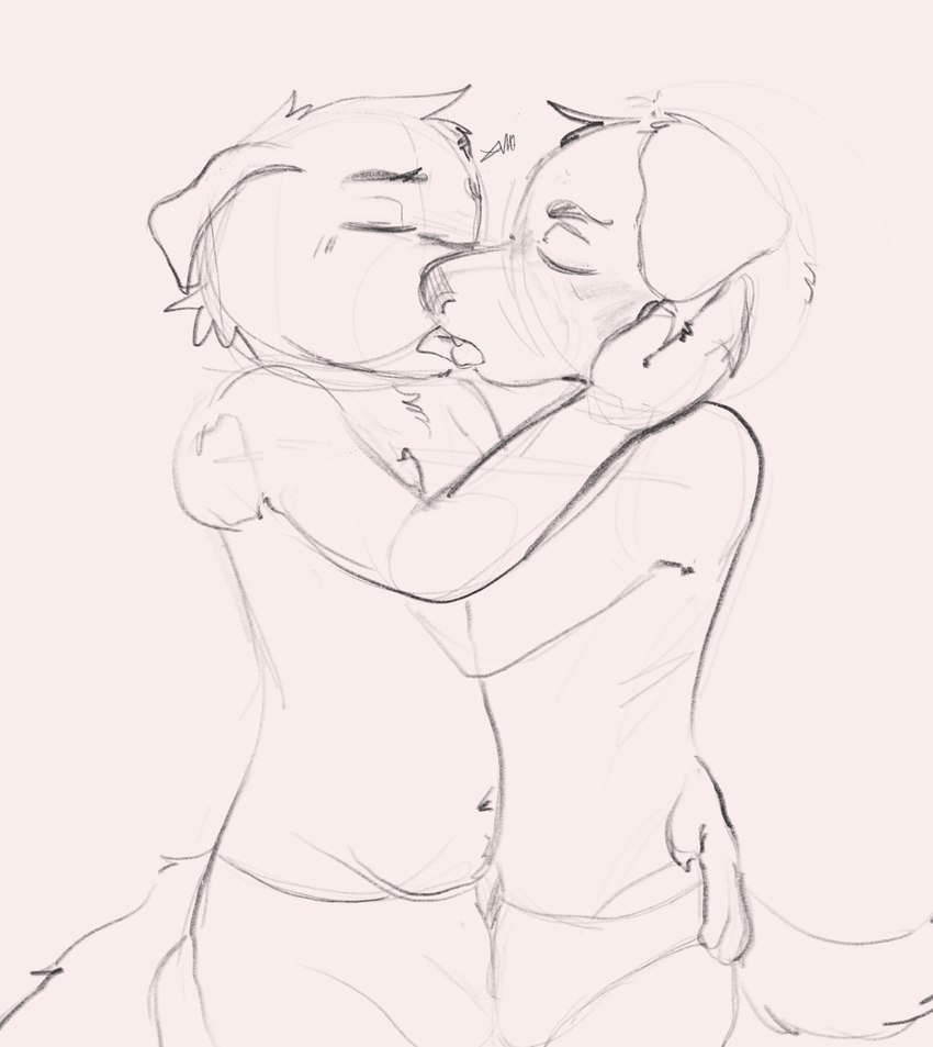 anthro belly blush clothing duo french_kissing hand_on_butt hand_on_face kissing making_love male male/male navel snout tail tongue underwear truemew canid canine mammal absurd_res hi_res sketch