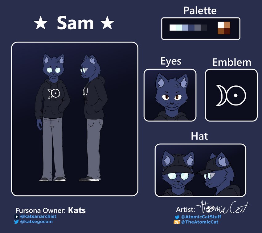 anthro blue_body blue_fur breasts brown_eyes clothed clothing eyewear female fur glasses hat headgear headwear hoodie opaque_glasses solo symbol text topwear atomic_cat sam_corenthal domestic_cat felid feline felis mammal 2020 absurd_res english_text hi_res model_sheet nonbinary_(lore)