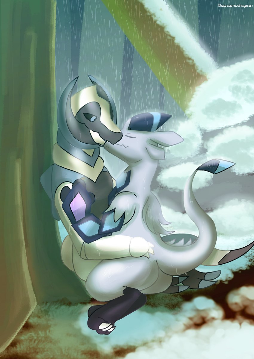 eyes_closed female female/female forest hand_on_butt kissing plant raining snow tree screamoshaymin nintendo pokemon diamond_hakamo-o rina_(lemonsausagedragon) generation_5_pokemon generation_7_pokemon hakamo-o haxorus pokemon_(species) absurd_res hi_res