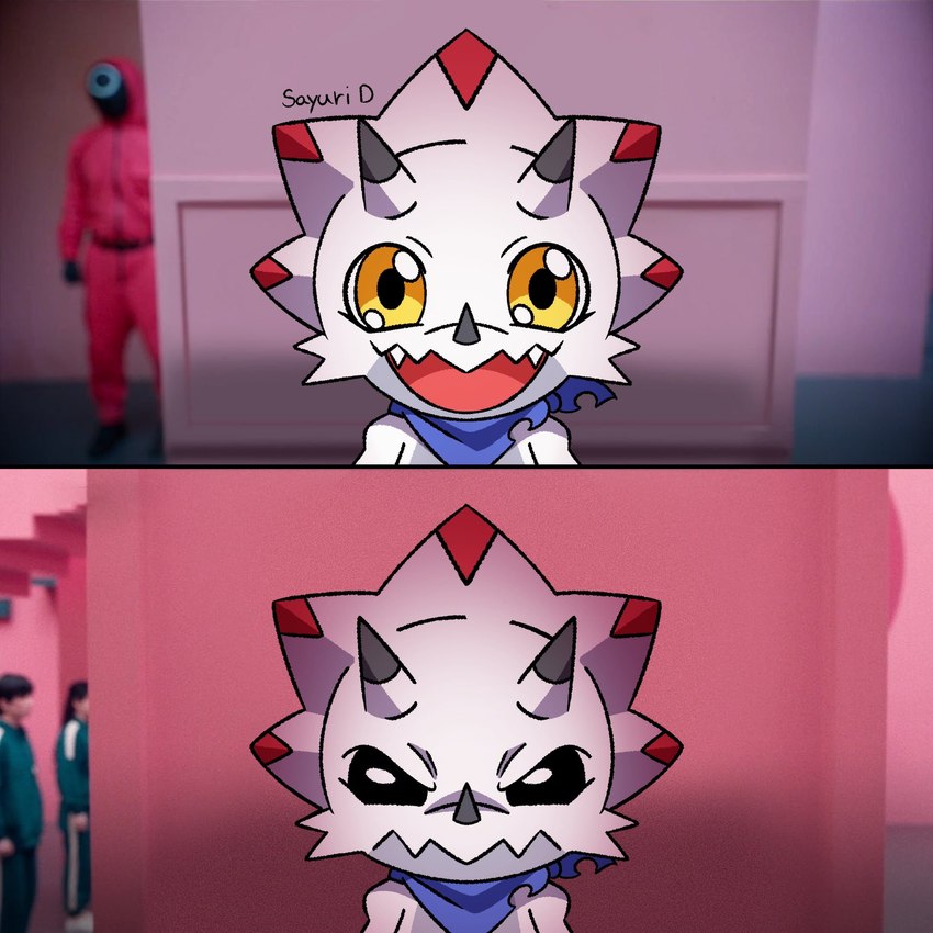 anthro before_and_after black_eyes frown horn humor kerchief male neckerchief neckwear smile solo white_body yellow_eyes liliana86973943 bandai_namco digimon squid_game guard_(squid_game) seong_gi-hun ceratopsian digimon_(species) dinosaur gammamon gulusgammamon ornithischian prehistoric_species reptile scalie triceratops 1:1 hi_res meme