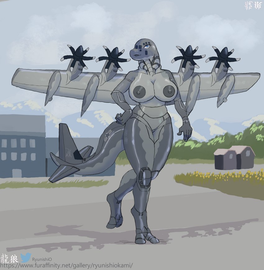 aircraft airplane anthro big_breasts breasts c-130 cargo_plane carrier detailed_background female huge_breasts machine propeller solo tail text vehicle wings ryunishi_okami aircraft_humanoid living_aircraft living_machine living_vehicle absurd_res hi_res url